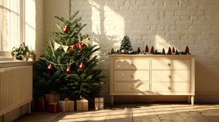 Cozy and Festive Christmas Living Room Scene with a Beautifully Decorated Tree and Stylish Furniture in Natural Light