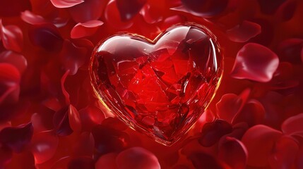 Glowing red heart surrounded by rose petals romantic setting digital art intimate atmosphere close-up love concept