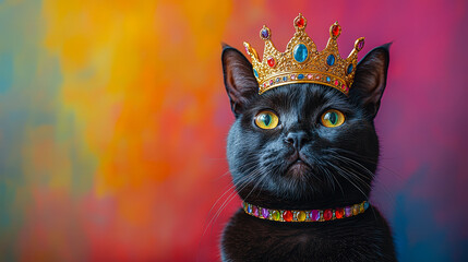 This striking black cat, adorned with a golden crown and jeweled collar, displays a confident demeanor while resting against a vivid backdrop that enhances its royal appearance