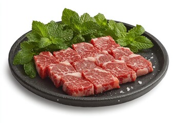 Beef pieces on a black plate, surrounded by fresh mint, ready for preparation