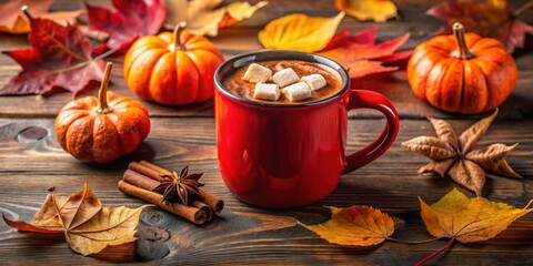 A warm cup of hot cocoa topped with marshmallows, surrounded by autumn leaves and pumpkins, on a rustic wooden table.