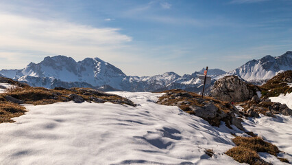 Trekking day in a snowy autumn in the Dolomiti Friulane, Friuli-Venezia Giulia