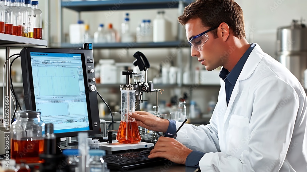 Poster a scientist conducts research in a lab, analyzing data and experiments.