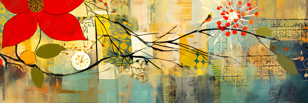 Aufkleber Bright red flowers and branches create an elegant abstract composition filled with diverse textures and harmonious colors