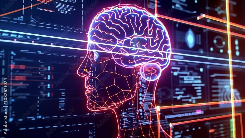 Poster 3d rendering of a human head with a brain highlighted is being scanned by artificial intelligence, s