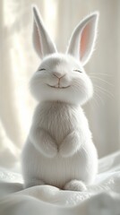Fototapeta premium Cute white fluffy bunny smiling and sitting on soft blanket