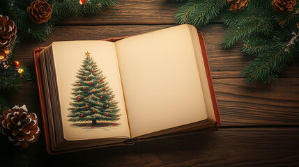 Festive Christmas Storybook Scene with Decorated Tree and Pinecones.  Old Vintage Book Mockup For Journal. 