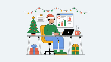A festive Christmas-themed scene with a marketer dressed in casual holiday attire working on a laptop