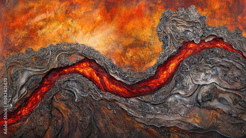 Poster abstract representation of flowing lava with textured, fiery colors.