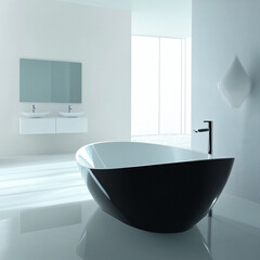 Minimalist bathroom with a freestanding tub and warm evening light