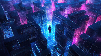 Lone Figure Navigating a Glowing Neon Cyber Maze with Futuristic Design, Illuminated Paths, and Intricate Digital Structures for Modern Technology Concepts