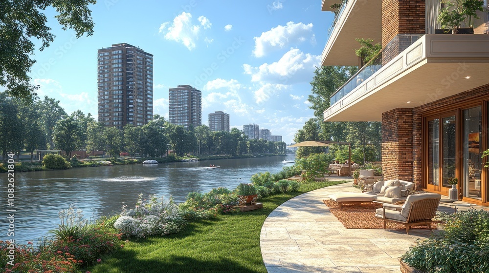 Poster scenic riverside view with modern architecture and lush greenery.