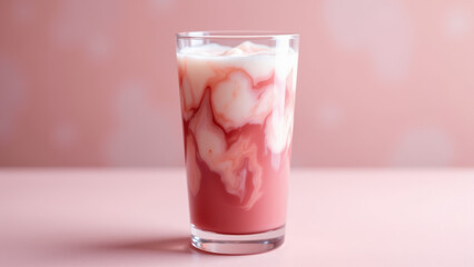 A clear glass filled with a pink and white layered beverage resembling matcha tea.