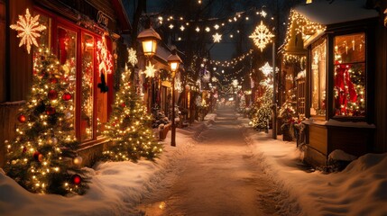 Snowy street lined with twinkling lights & festive trees.