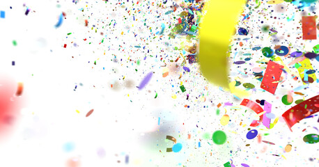 A burst of colorful confetti exploding on a white background. Perfect for celebratory designs, party invitations, and more.