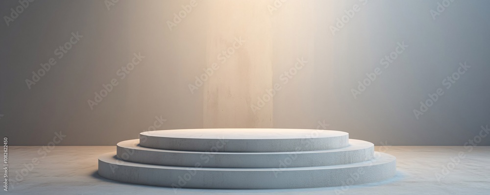 Poster empty round podium illuminating by spotlight in studio