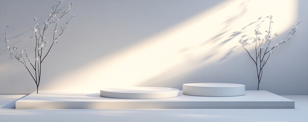 White podium displaying products with spring blooming branches decoration