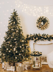 Christmas tree shining in decorated living room