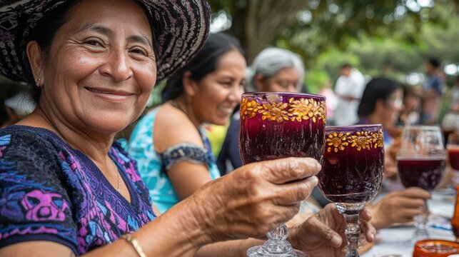Middle-aged women joyfully share chicha morada in decorative glasses at a cultural gathering