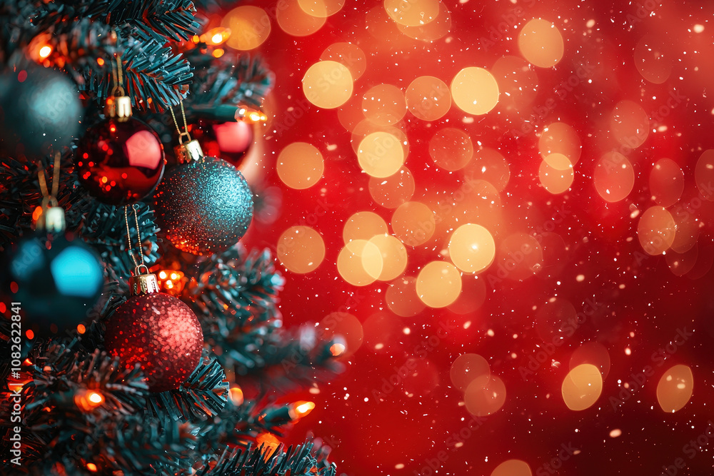 Poster the christmas tree features shiny ornaments and bright lights while snowflakes gently descend in a f