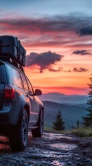 Off-road vehicle embarking on mountain adventure at sunset