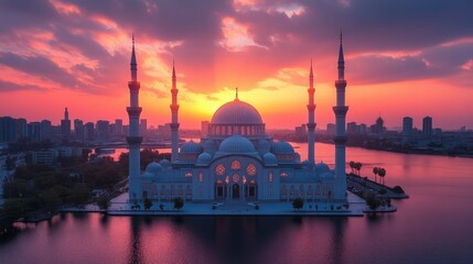 A white mosque with minarets on a lake at sunset with a city skyline in the background.
