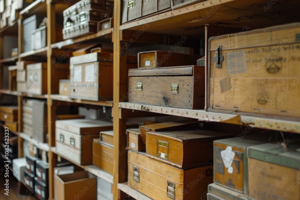 Poster rows of old wooden boxes with labels are creating a mysterious atmosphere in this museum archive