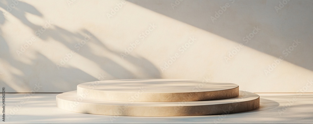 Leinwandbilder empty double podium displaying products on beige background with leaf shadows