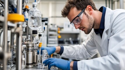 Scientist conducting experiments in a laboratory setting, focused on glassware and equipment.
