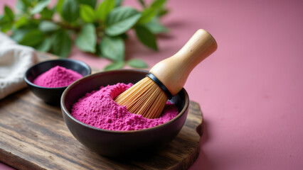 A bowl with vibrant pink matcha powder being stirred by a whisk on a wooden board.