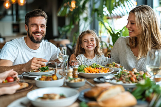 A family shares laughter and delicious dishes in a warm restaurant, highlighting joyful moments and flavorful food