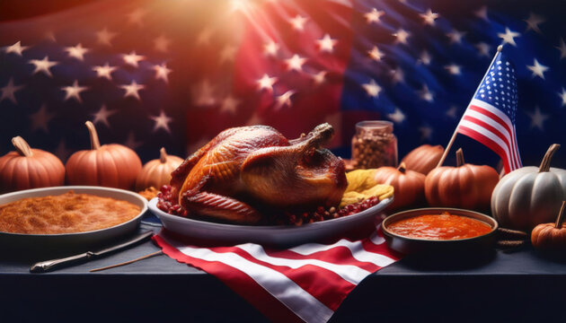 Thanksgiving Dinner Feast with Decorations and Flag