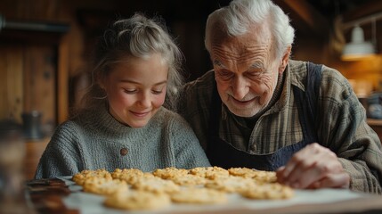 Grandparents teaching their grandchildren how to bake a family recipe, the kitchen filled with the smell of fresh cookies and the sound of laughter. Generative AI