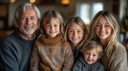 Children, parents, and grandparents posing together for a family portrait in a bright living room, natural light streaming in through the windows, with warm smiles and casual attire. Generative AI