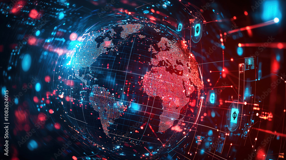 Aufkleber The globe is illuminated by dynamic data streams and technology symbols, highlighting global connectivity and innovation