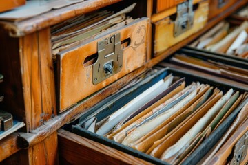 Old wooden library card catalog drawer, containing many index cards, is shown open