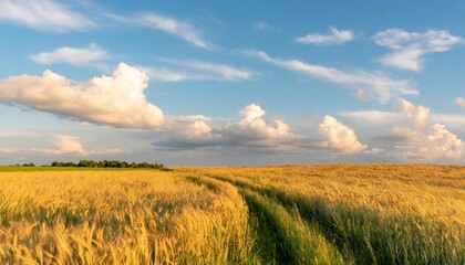 Wide Open Prairie With Golden Wheat Swaying in the Breeze, Underneath a Clear Blue Sky and Puffy White Clouds, Creating a Serene Midday Scene of the Countryside