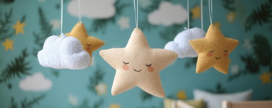 3D plush Christmas stars and clouds hanging from a mobile in a cozy nursery
