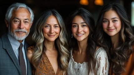 Fototapeta premium A multi generational family gathered for a special celebration, all dressed in semi-formal attire, posing for a portrait with smiles and a sense of togetherness. Generative AI