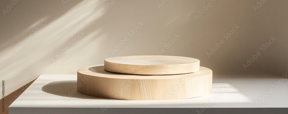 Aufkleber empty round wooden pedestal displaying products on table in sunlight
