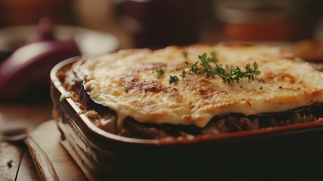 A detailed image of a Greek moussaka dish with layers of eggplant, minced meat, and creamy b chamel, baked to perfection. Cinematic Scene, 4k resolution, cinematic scene