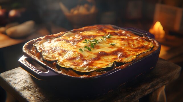 A detailed image of a Greek moussaka dish with layers of eggplant, minced meat, and creamy b chamel, baked to perfection. Cinematic Scene, 4k resolution, cinematic scene