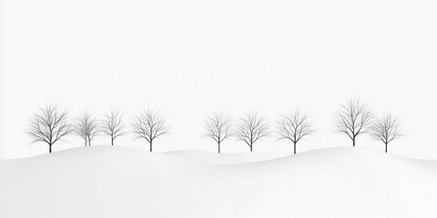 Minimalist Winter Landscape With Row of Bare Trees on Snowy Hills, copy space.