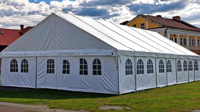 A large white tent with windows stands on grass in front of a building