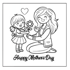 Mother's day simple and heartwarming coloring page for children.child giving flower to her mother.