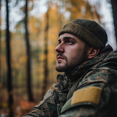 Obraz premium Soldier in camouflage gear stands in a forest during autumn foliage