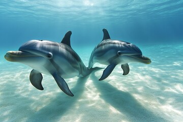 Fototapeta premium Two dolphins swimming near ocean floor
