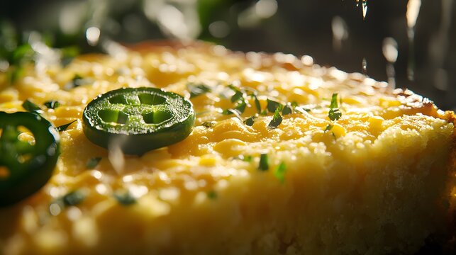 A close-up of a slice of cornbread with jalape os and cheddar, capturing the crumbly, savory texture. Cinematic Scene, 4k resolution, cinematic scene