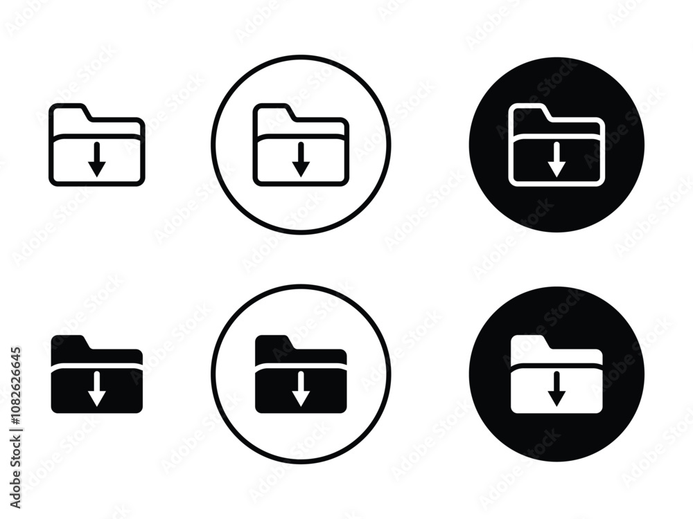 Poster minimal download icon button. folder icon. down arrow bottom side symbol. upload icon. click here bu