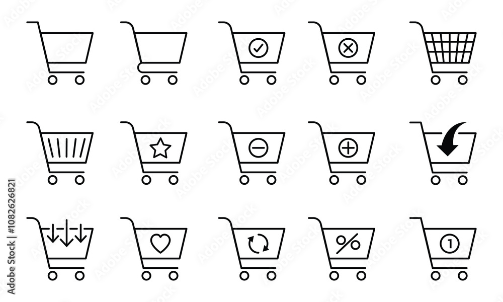Poster set of shopping cart icons. collection of web icons for online store, from various cart icons in var
